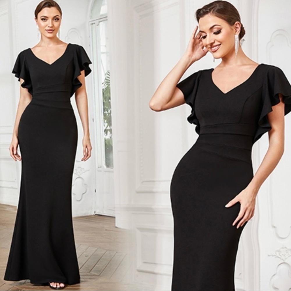 Lisa Pan Black Flutter Sleeve Midi Dress XL NWT